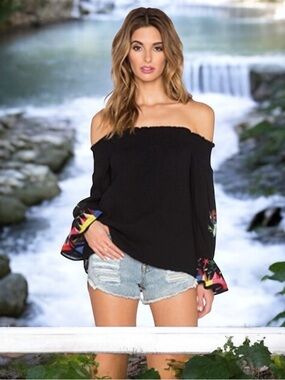 Anthropologie Vava by Joy Han Floral Embroidered Lrg Black Boho Slip Dress/ Top